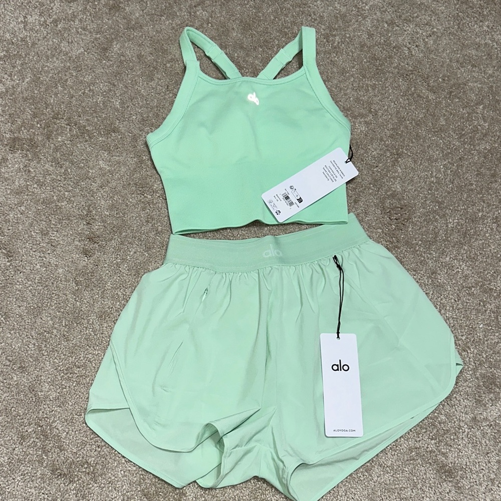 ALO Yoga Mint Green Cropped Tank & Matching Shorts Set